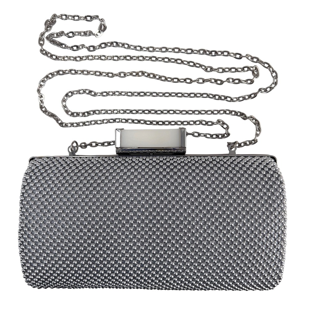 Jessica McClintock Clutch Bag Silver Ball Chain Mail Minaudière Evening Formal